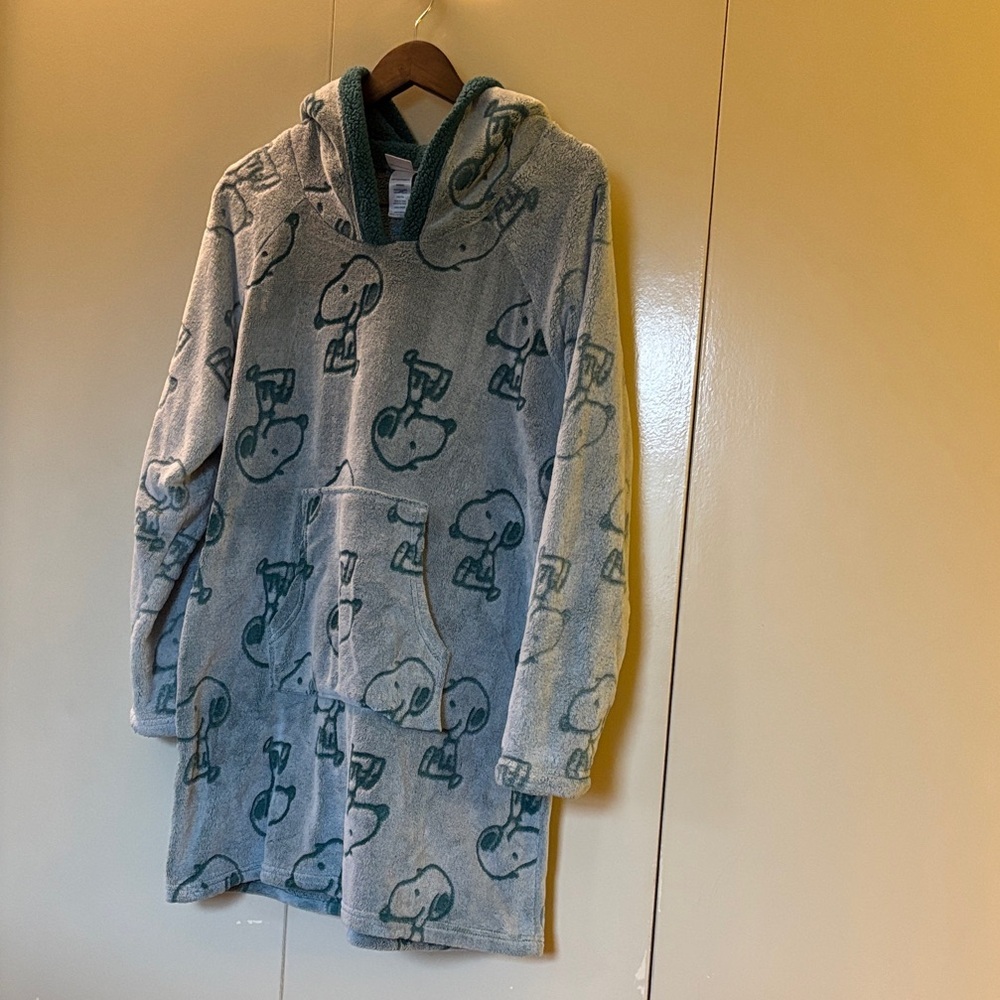 Peanuts Snoopy Teal Hoodie Short Robe Large Soft Fleece Comfy